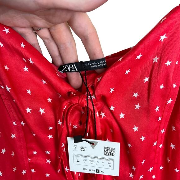 New Zara Red Lace Up Satin Effect Star Print Bodysuit Women's - Picture 9 of 11